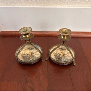 Vintage Brass Petit Point Ormolu Candlestick Holders Set of 2 Gold